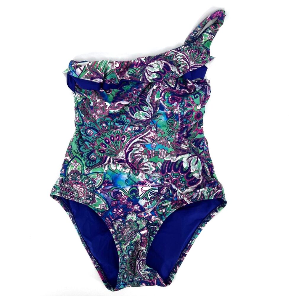Becca by Rebecca Virtue One Piece One Shoulder Swimsuit Ruffled Neck Size MD‎